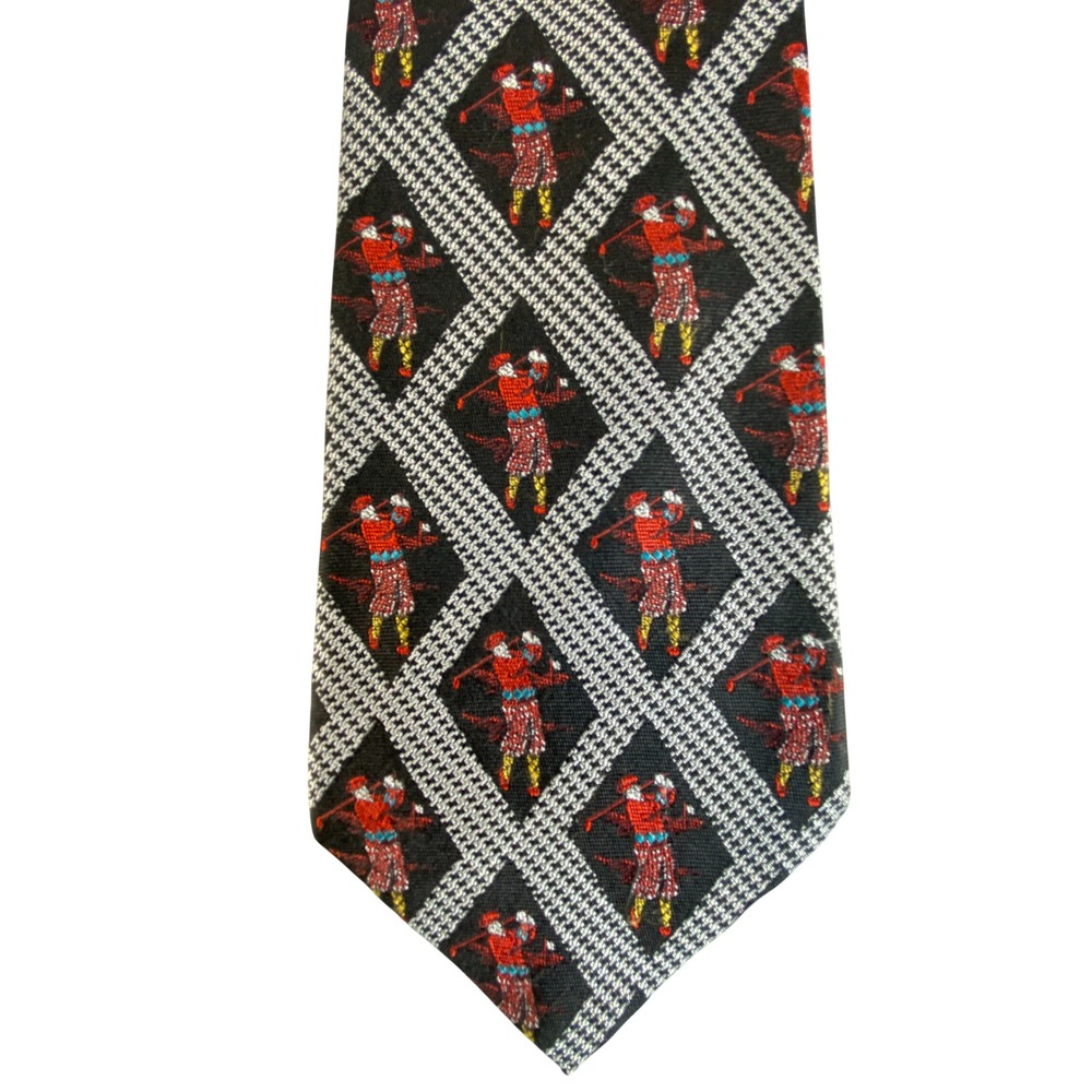 VTG Nautica Silk Tie Mens Scottish Golfer Kilt Houndstooth Black Red Silk 56x4